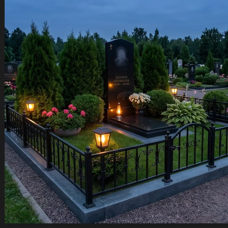 Солнечные лампады и фонари на захоронении вечером в Нижнем Новгороде