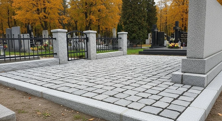 Благоустройство захоронений в Нижнем Новгороде — мощение гранитной плиткой, цоколь и ограда на ухоженном участке