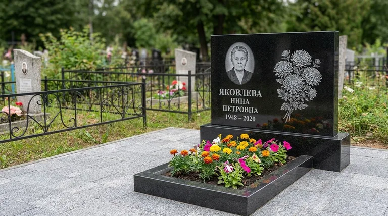 Памятник с гравировкой хризантем — выполненная работа «Соколов» в Нижнем Новгороде