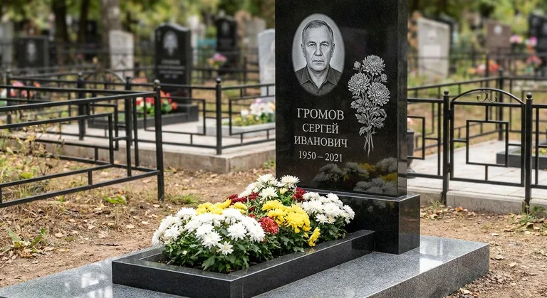 Памятник с гравировкой хризантем — выполненная работа «Громов» в Нижнем Новгороде