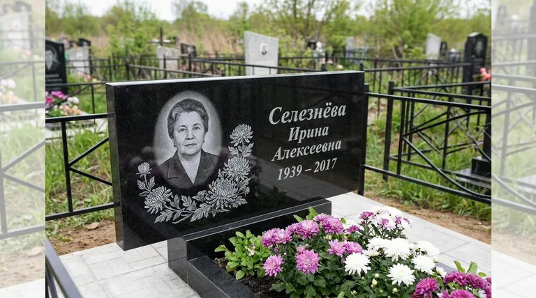 Памятник с гравировкой хризантем — выполненная работа «Селезнёва» в Нижнем Новгороде