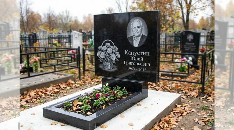 Памятник с гравировкой хризантем — выполненная работа «Капустин» в Нижнем Новгороде