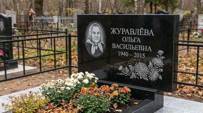 Памятник с гравировкой хризантем — выполненная работа «Журавлёва» в Нижнем Новгороде