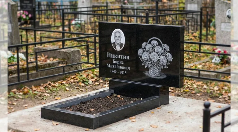 Памятник с гравировкой хризантем — выполненная работа «Никитин» в Нижнем Новгороде