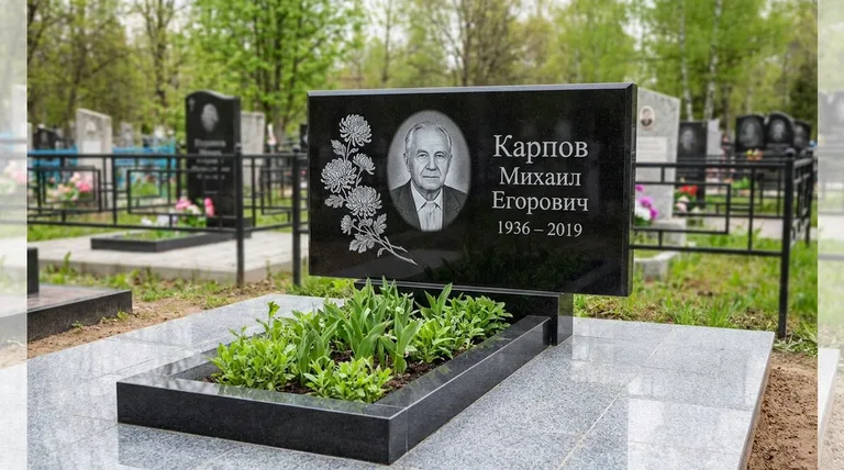 Памятник с гравировкой хризантем — выполненная работа «Карпов» в Нижнем Новгороде