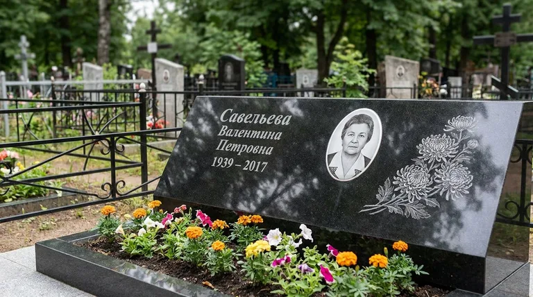 Памятник с гравировкой хризантем — выполненная работа «Савельева» в Нижнем Новгороде