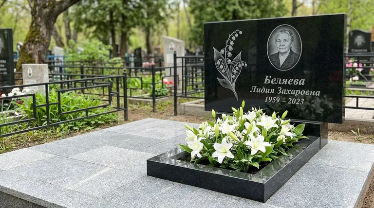 Памятник с гравировкой ландышей — выполненная работа «Беляева» в Нижнем Новгороде