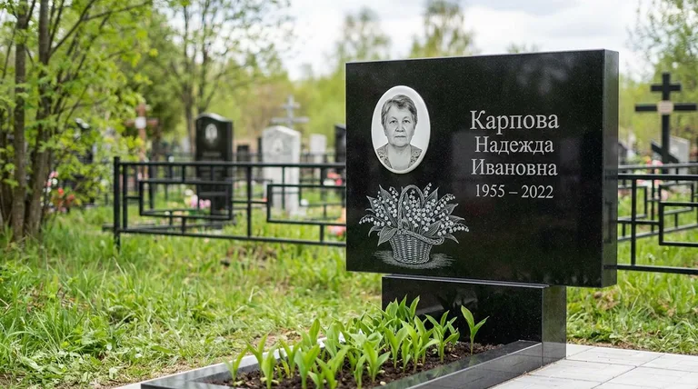 Памятник с гравировкой ландышей — выполненная работа «Карпова» в Нижнем Новгороде
