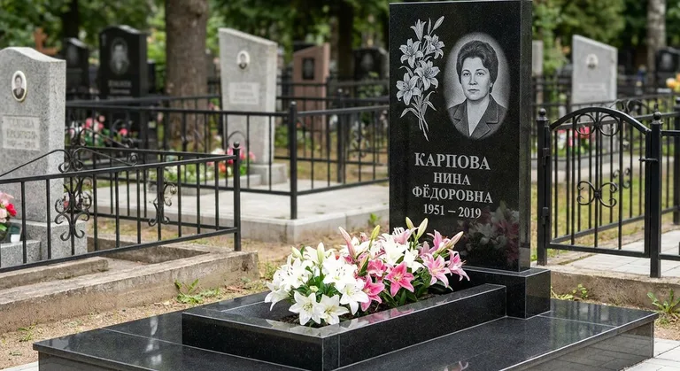Памятник с гравировкой лилий — выполненная работа «Карпова» в Нижнем Новгороде