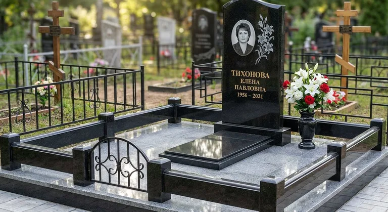 Памятник с гравировкой лилий — выполненная работа «Тихонова» в Нижнем Новгороде