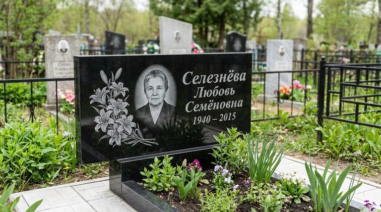 Памятник с гравировкой лилий — выполненная работа «Селезнёва» в Нижнем Новгороде
