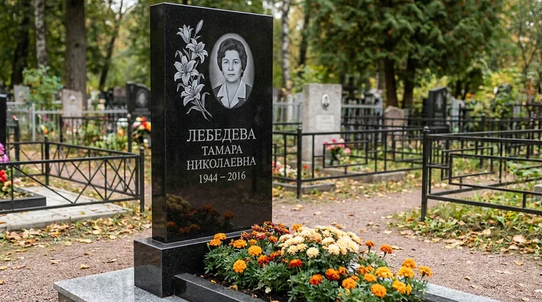 Памятник с гравировкой лилий — выполненная работа «Лебедева» в Нижнем Новгороде