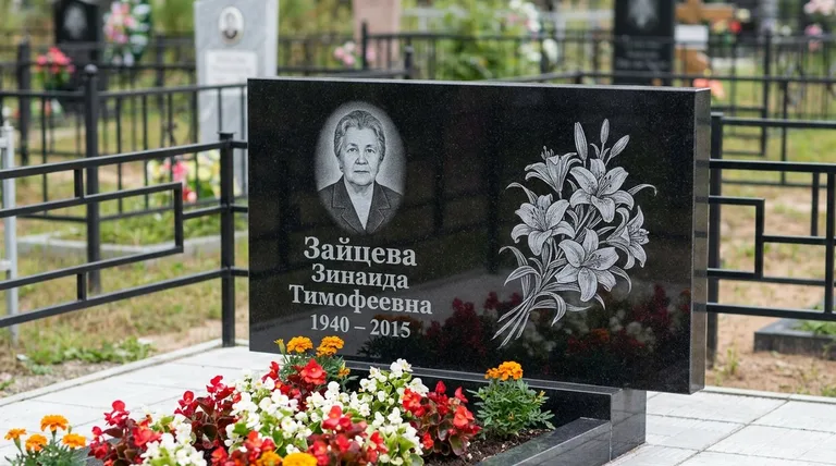 Памятник с гравировкой лилий — выполненная работа «Зайцева» в Нижнем Новгороде