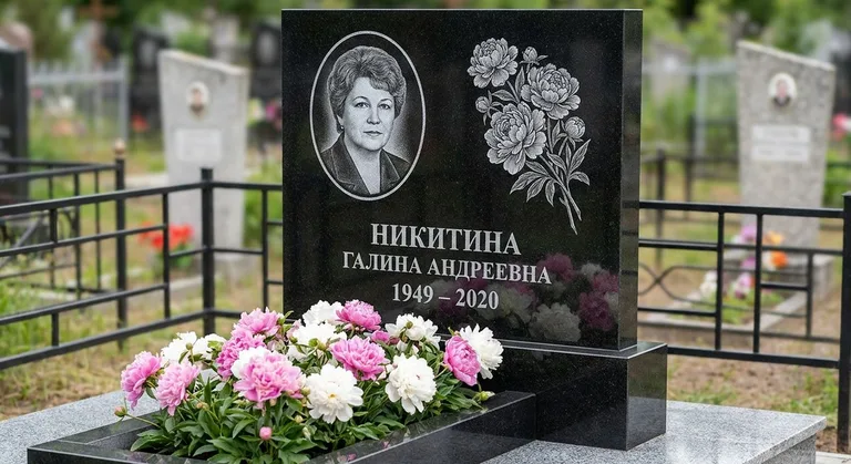 Памятник с гравировкой пионов — выполненная работа «Никитина» в Нижнем Новгороде