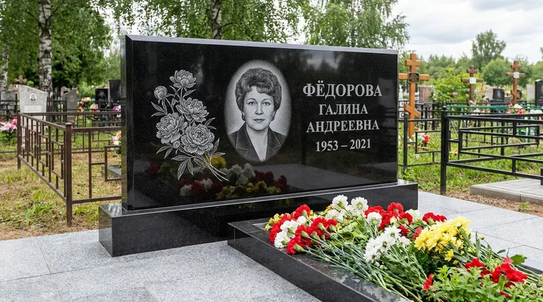 Памятник с гравировкой пионов — выполненная работа «Фёдорова» в Нижнем Новгороде