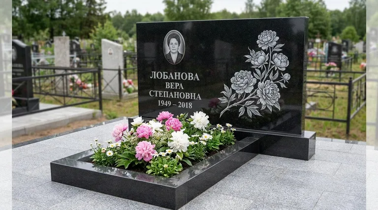 Памятник с гравировкой пионов — выполненная работа «Лобанова» в Нижнем Новгороде
