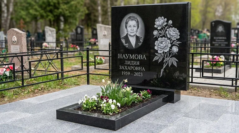 Памятник с гравировкой пионов — выполненная работа «Наумова» в Нижнем Новгороде