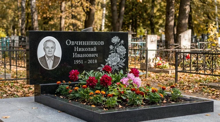 Памятник с гравировкой пионов — выполненная работа «Овчинников» в Нижнем Новгороде