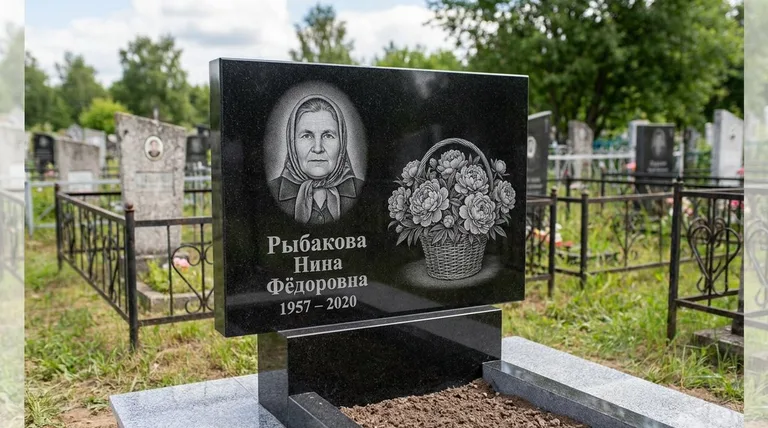 Памятник с гравировкой пионов — выполненная работа «Рыбакова» в Нижнем Новгороде