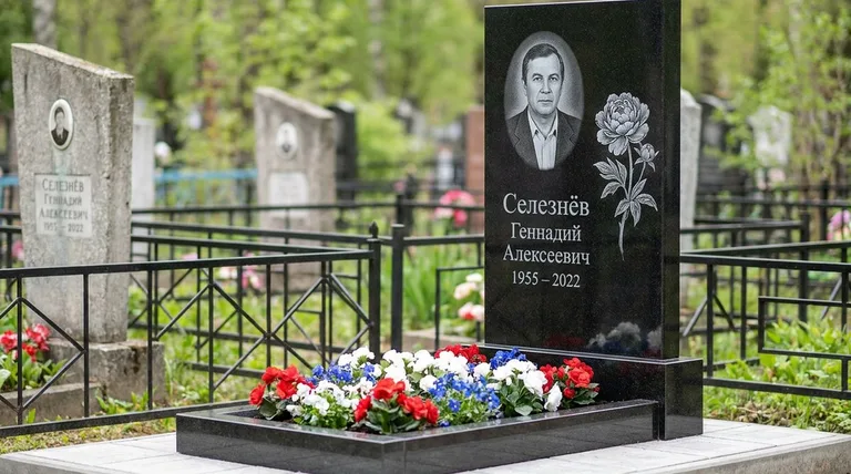 Памятник с гравировкой пионов — выполненная работа «Селезнёв» в Нижнем Новгороде