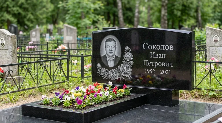 Памятник с гравировкой пионов — выполненная работа «Соколов» в Нижнем Новгороде
