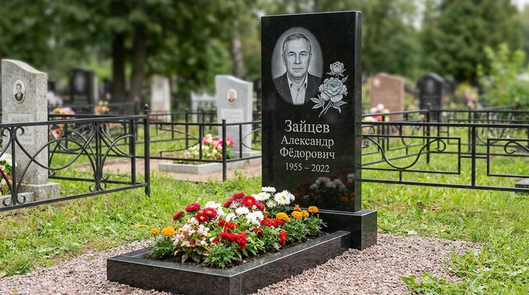 Памятник с гравировкой пионов — выполненная работа «Зайцев» в Нижнем Новгороде