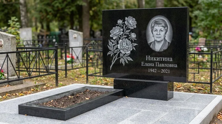 Памятник с гравировкой пионов — выполненная работа «Никитина» в Нижнем Новгороде