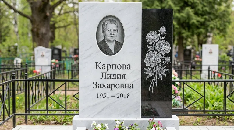 Памятник с гравировкой пионов — выполненная работа «Карпова» в Нижнем Новгороде