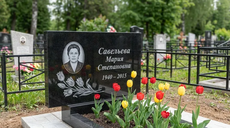 Памятник с гравировкой тюльпанов — выполненная работа «Савельева» в Нижнем Новгороде