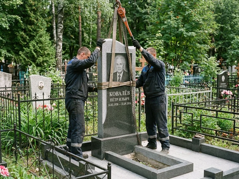 Демонтаж памятника на кладбище в Нижнем Новгороде — бригада аккуратно снимает старый гранитный памятник с могилы