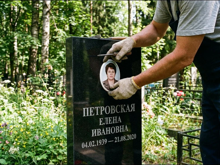 Фото на керамике на памятник в Нижнем Новгороде — мастер устанавливает овальный керамический портрет на гранитный памятник