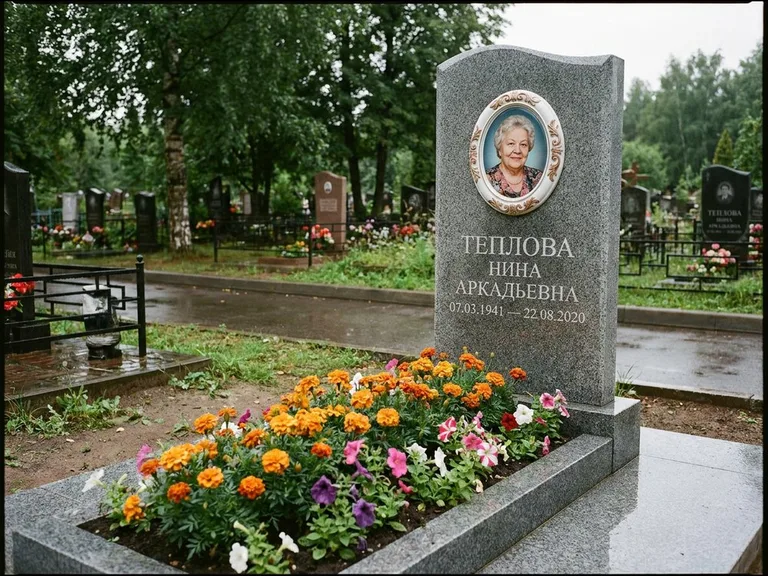Керамический портрет на памятнике с цветами в Нижнем Новгороде