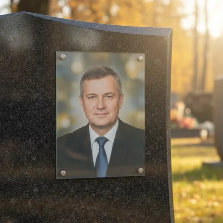 Портрет на стекле на держателях на чёрном граните в Нижнем Новгороде