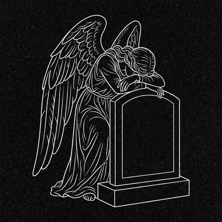 Эскиз гравировки ангела на памятник — печальный ангел у плиты в Нижнем Новгороде