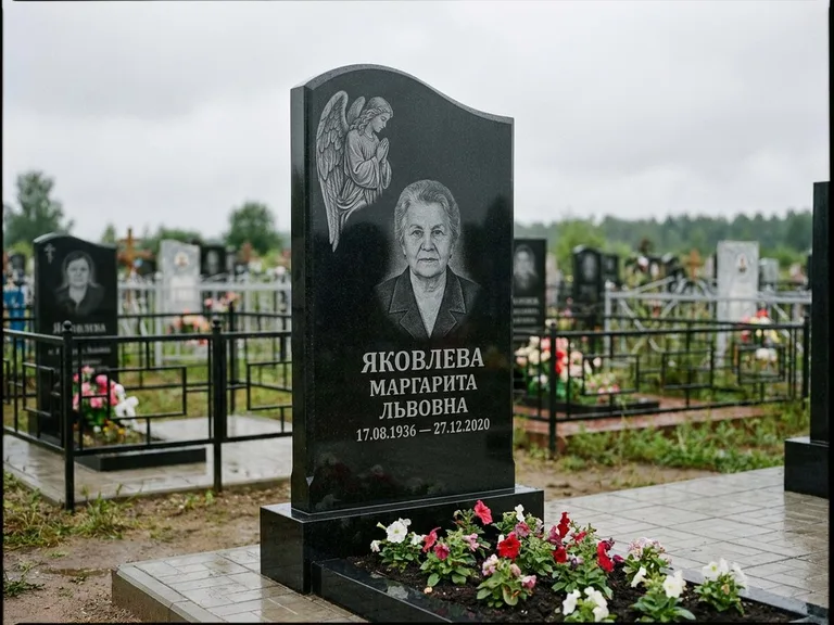 Памятник с гравировкой ангела — гравировка молящегося ангела в верхней части стелы, работа «Яковлева» в Нижнем Новгороде