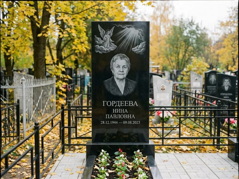 Памятник с гравировкой ангела — гравировка ангела в облаках с лучами над портретом, работа «Гордеева» в Нижнем Новгороде