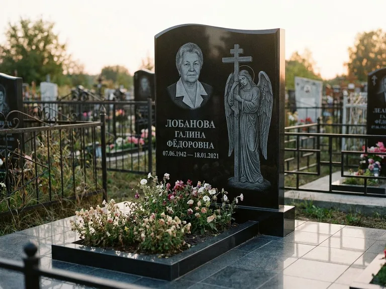Памятник с гравировкой ангела — гравировка ангела с крестом рядом с эпитафией, работа «Лобанова» в Нижнем Новгороде