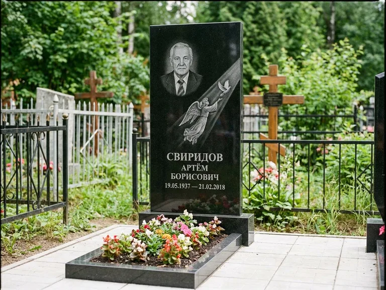 Памятник с гравировкой ангела — гравировка ангела с голубем по диагонали стелы, работа «Свиридов» в Нижнем Новгороде