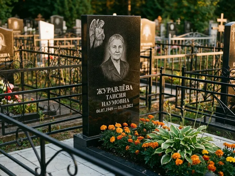 Памятник с гравировкой ангела — гравировка молящегося ангела в верхней части стелы, работа «Журавлёва» в Нижнем Новгороде