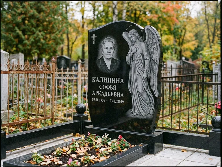 Памятник с гравировкой ангела — гравировка ангела с крестом рядом с эпитафией, работа «Игнатова» в Нижнем Новгороде