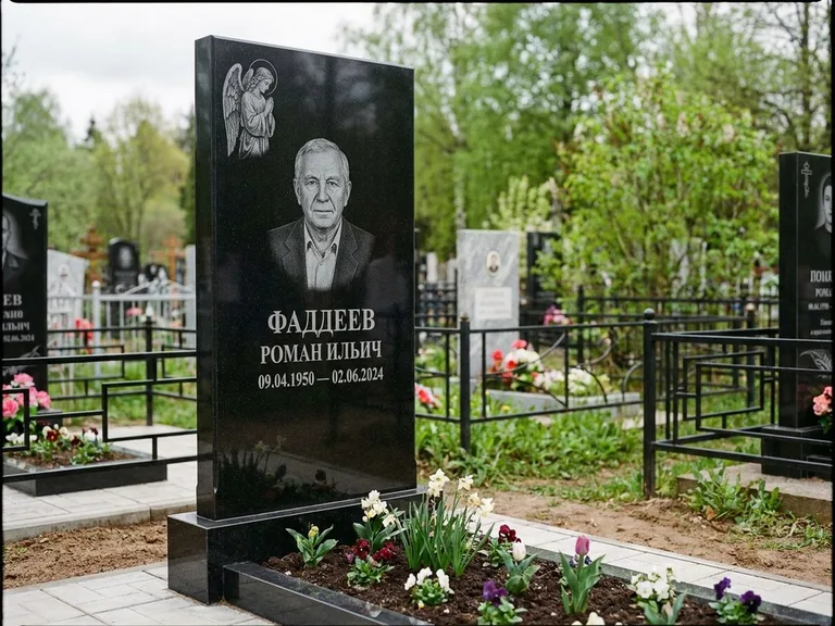 Памятник с гравировкой ангела — гравировка молящегося ангела в верхней части стелы, работа «Фаддеев» в Нижнем Новгороде