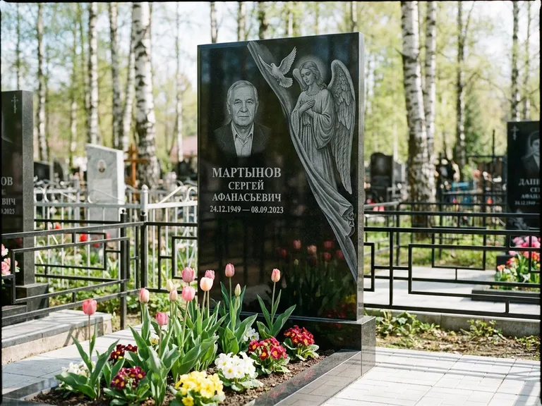 Памятник с гравировкой ангела — гравировка двух ангелов по сторонам портрета, работа «Касаткин» в Нижнем Новгороде