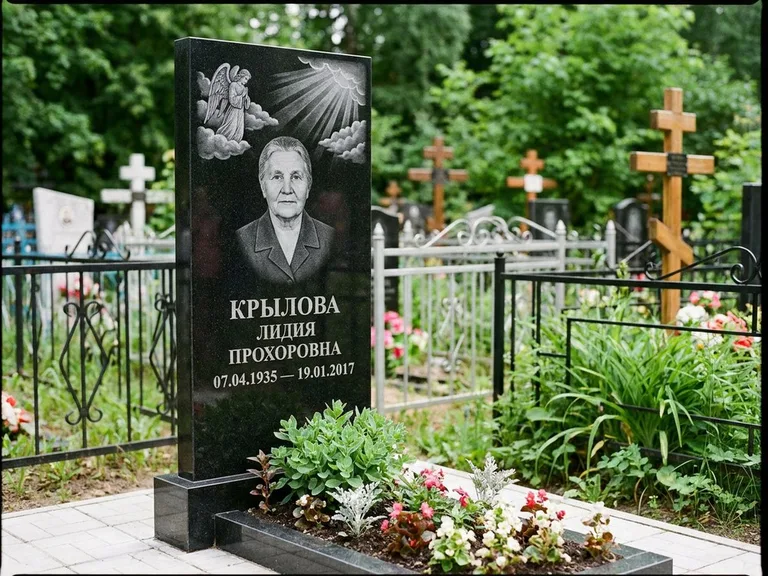 Памятник с гравировкой ангела — гравировка ангела в облаках с лучами над портретом, работа «Лобанова» в Нижнем Новгороде