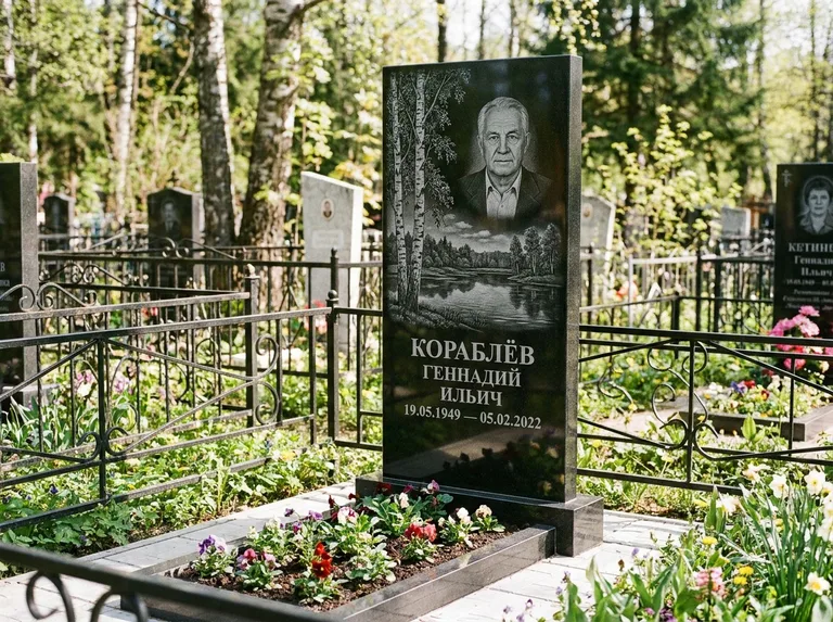 Памятник с гравировкой берёзы — гравировка берёзы у зеркального озера, работа «Кораблёв» в Нижнем Новгороде