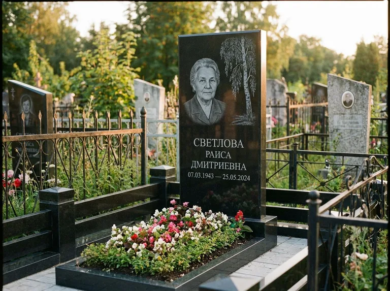 Памятник с гравировкой берёзы — гравировка плакучей берёзы с тонкими ветвями, работа «Светлова» в Нижнем Новгороде