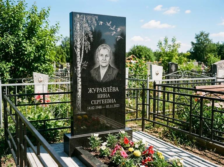 Памятник с гравировкой берёзы — гравировка берёзы с журавлиным клином в небе, работа «Журавлёва» в Нижнем Новгороде