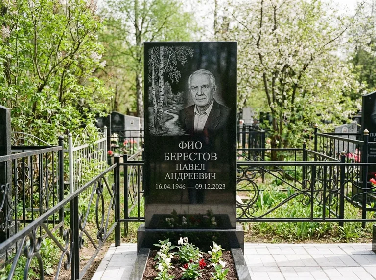 Памятник с гравировкой берёзы — гравировка берёзы у тропинки, уходящей вдаль, работа «Берестов» в Нижнем Новгороде