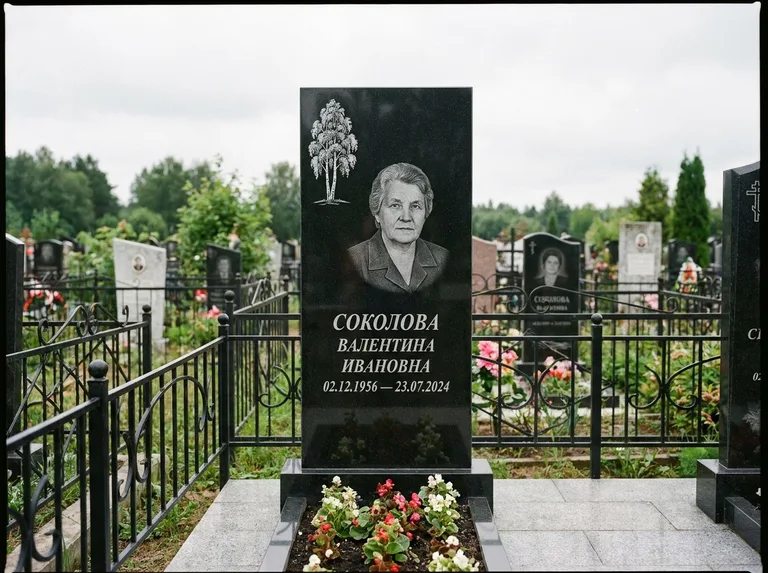 Памятник с гравировкой берёзы — гравировка одинокой берёзы над именем, работа «Соколова» в Нижнем Новгороде