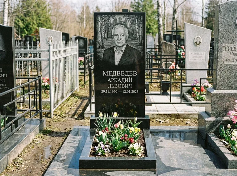 Памятник с гравировкой берёзы — гравировка берёзовой рощи в глубину, работа «Медведев» в Нижнем Новгороде