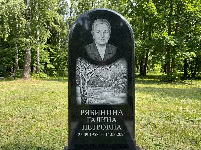 Памятник с гравировкой берёзы: стела с плавным арочным верхом — зимняя берёза, снег на ветвях, газон без ограды, стриженая трава, работа «Рябинина» в Нижнем Новгороде